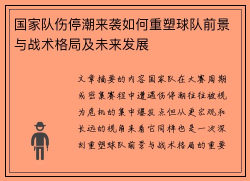国家队伤停潮来袭如何重塑球队前景与战术格局及未来发展