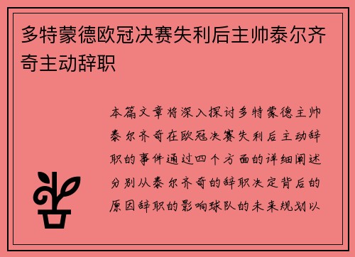 多特蒙德欧冠决赛失利后主帅泰尔齐奇主动辞职